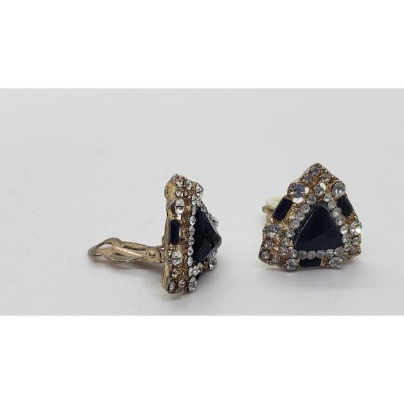 Vintage Earrings Black & Clear Rhinestone Black & White Drama Formal 1950s Clip - Picture 2 of 6